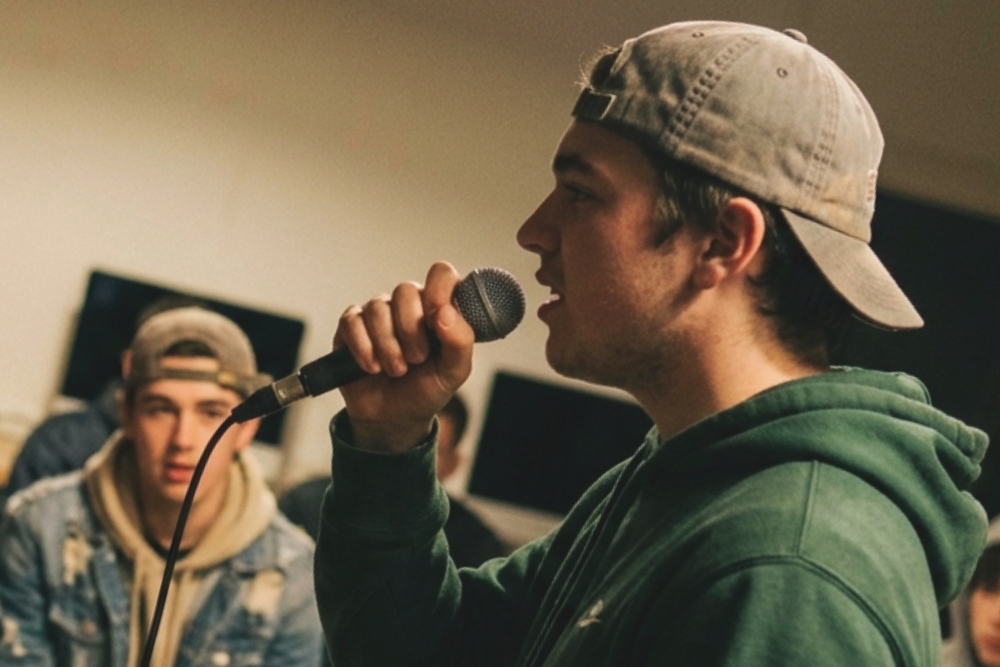 Jugendliche beim Rap-Workshop in Düsseldorf